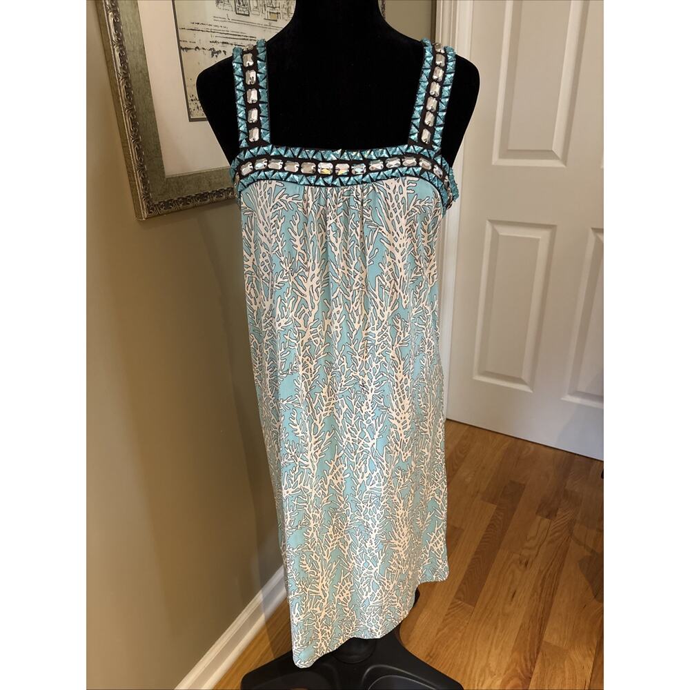 TORY BURCH Print sea coral turquoise blue beaded neckline silk knit midi sz M